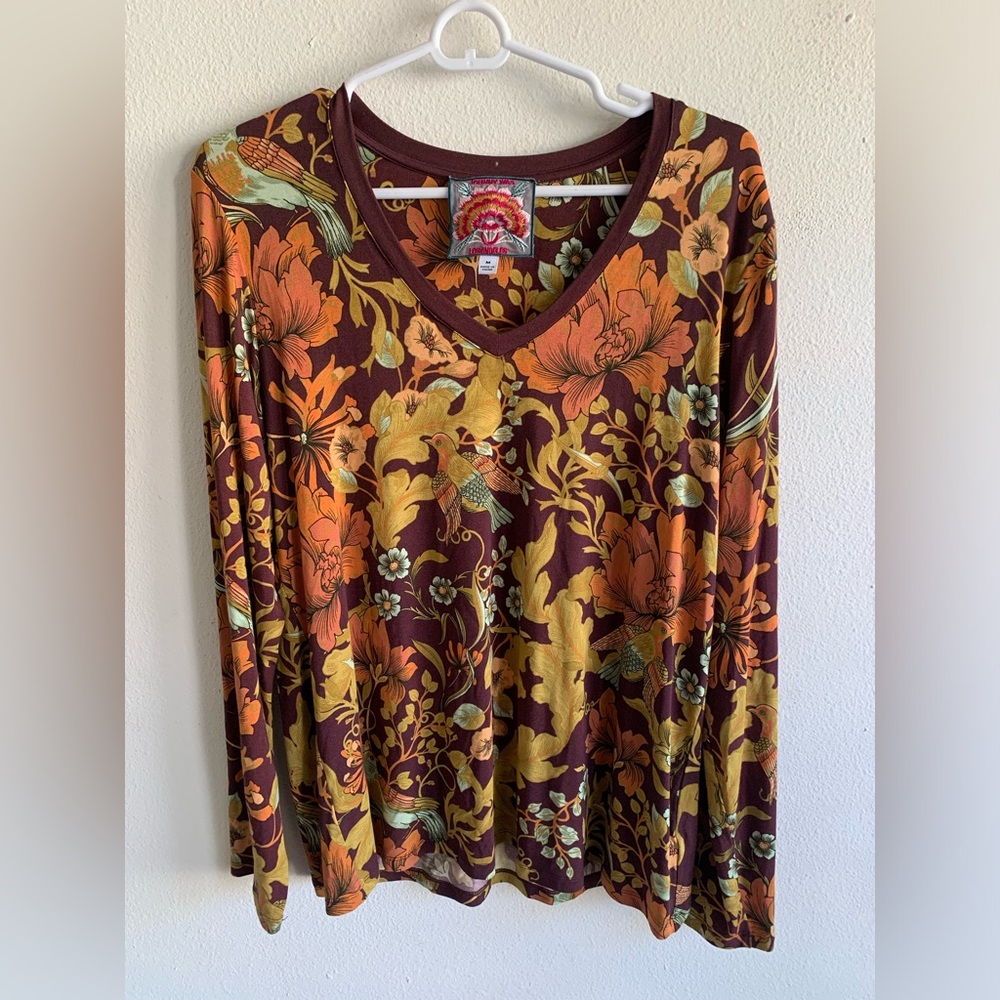 Johnny Was Floral Birds Rayon V Neck Long Sleeve Tshirt Salamanca Favorite M